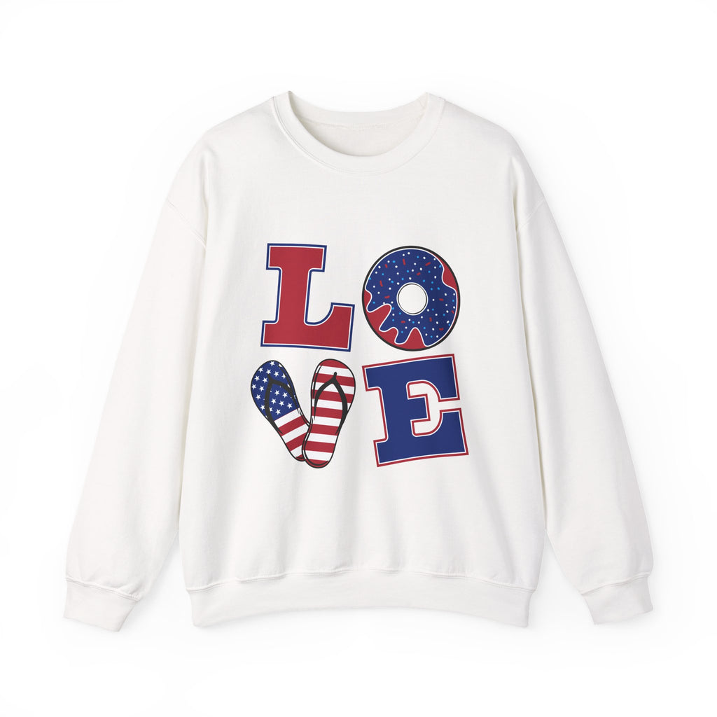 Patriotic 'LOVE' Crewneck Sweatshirt – American Flag Heart & Donut Design