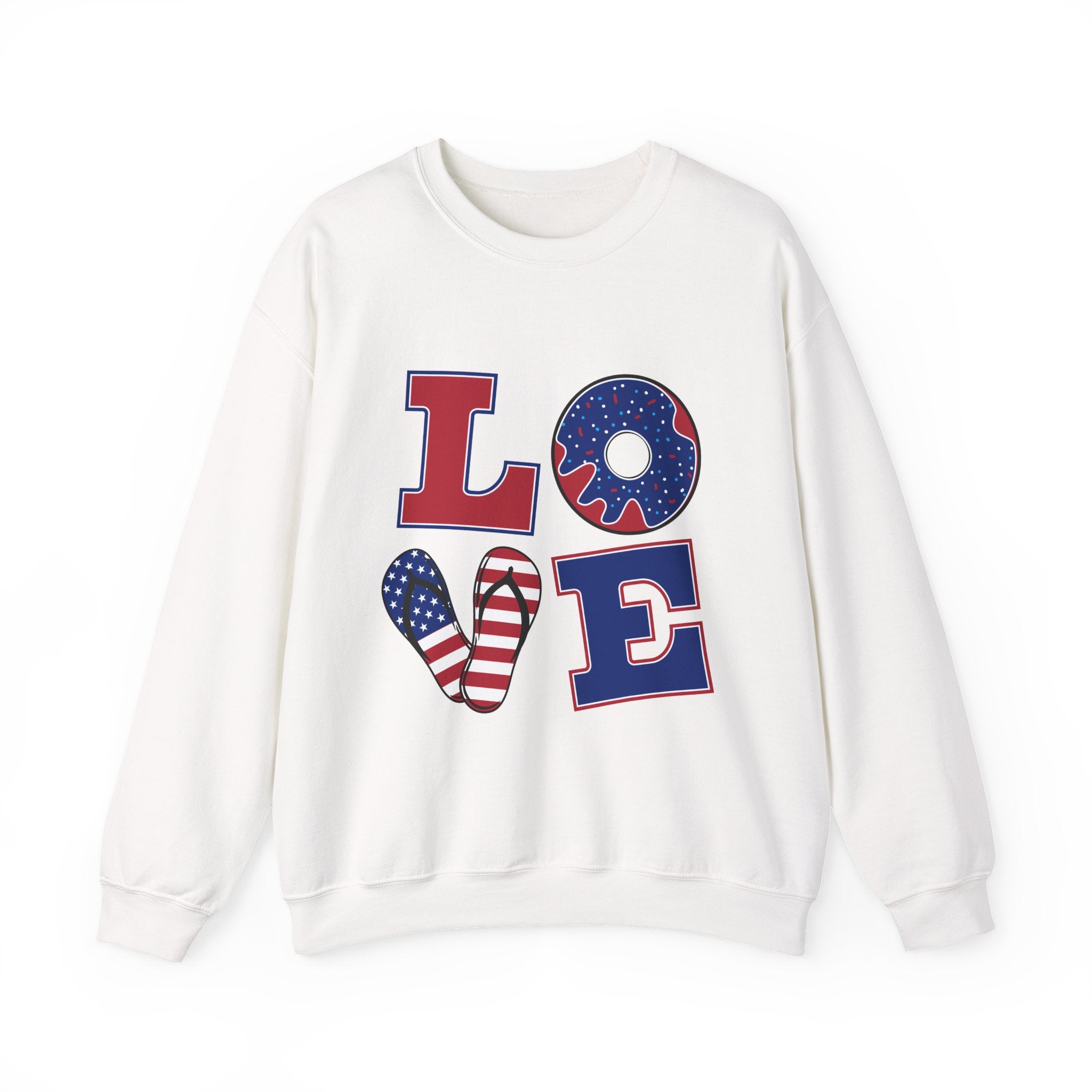 Patriotic 'LOVE' Crewneck Sweatshirt – American Flag Heart & Donut Design