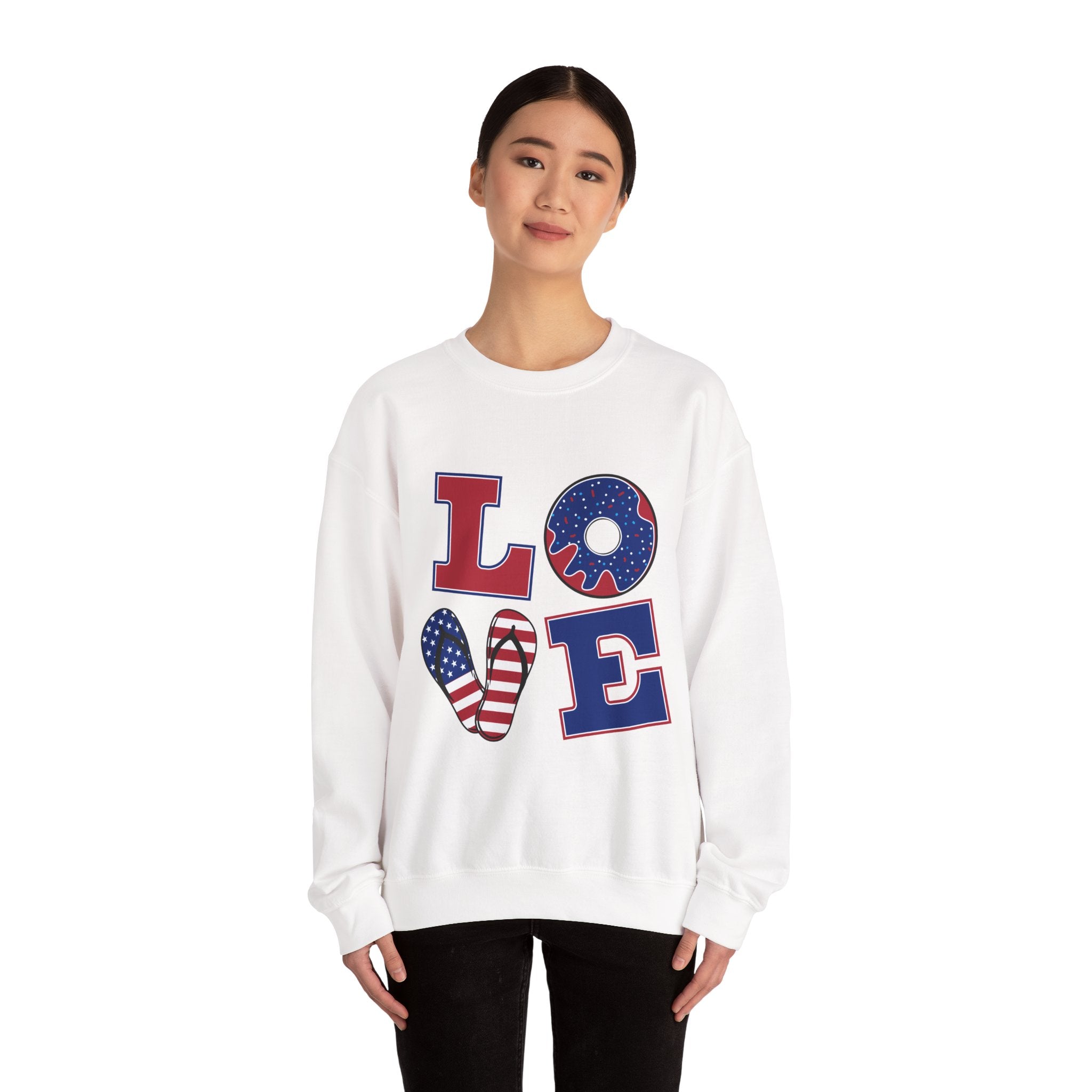 Patriotic 'LOVE' Crewneck Sweatshirt – American Flag Heart & Donut Design