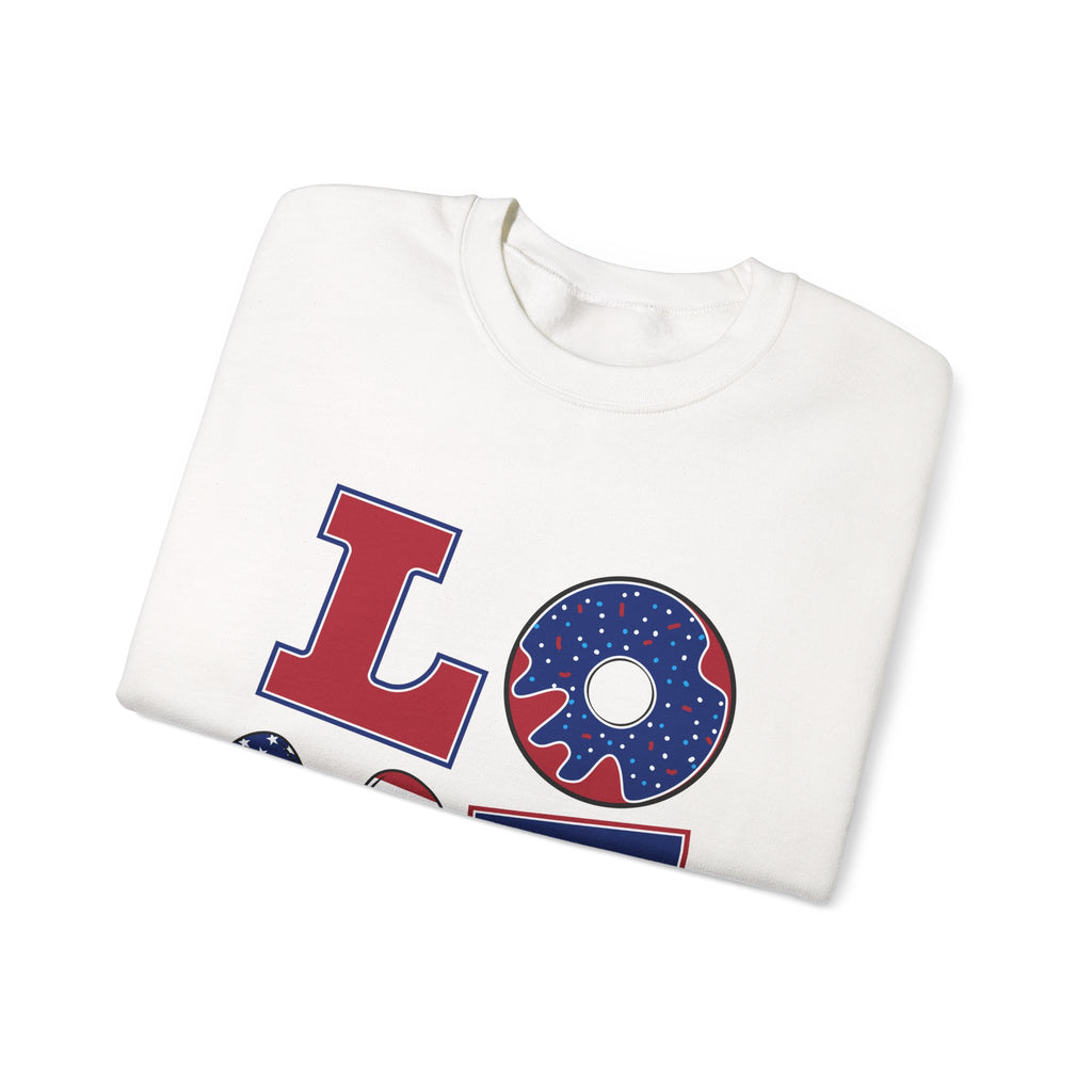 Patriotic 'LOVE' Crewneck Sweatshirt – American Flag Heart & Donut Design