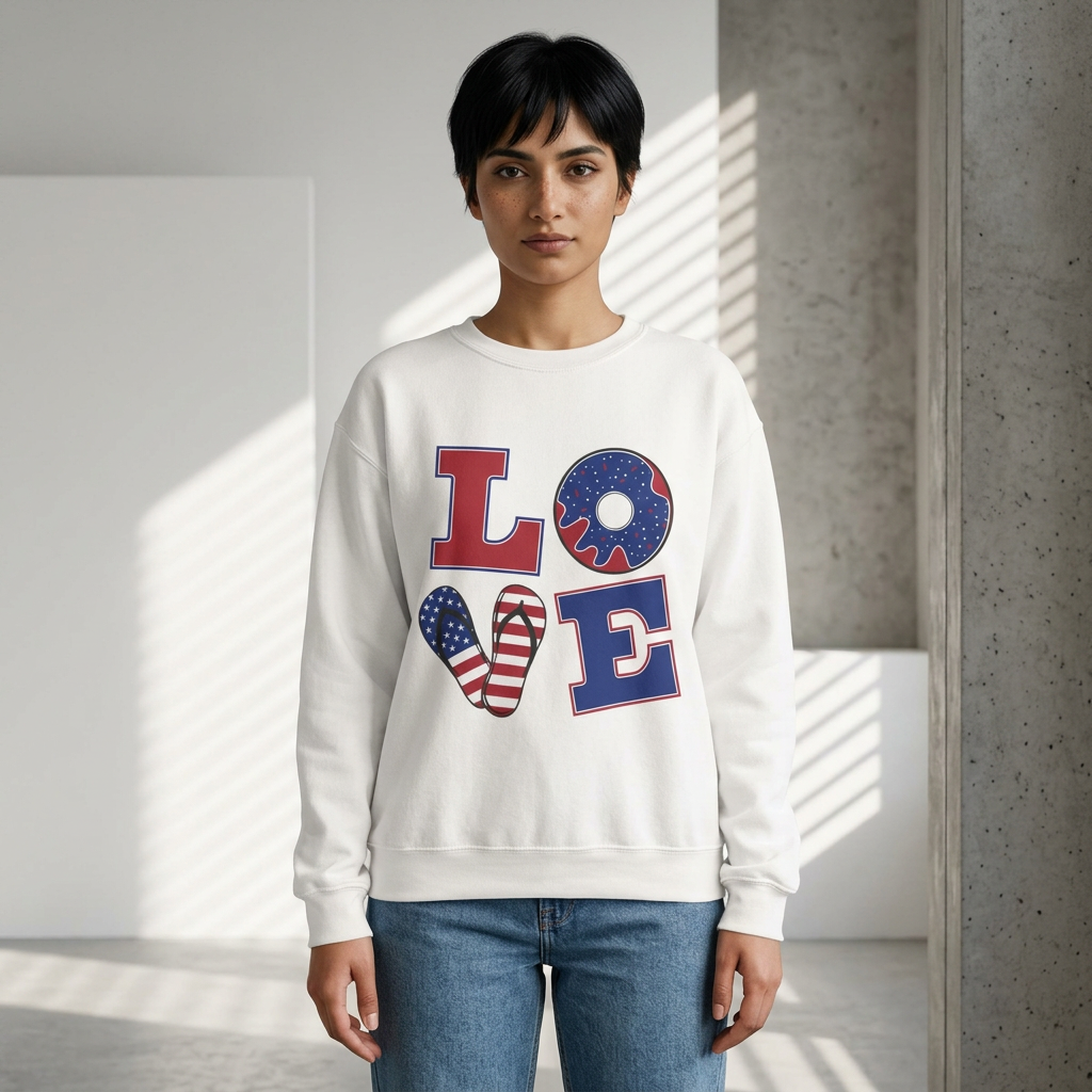 Patriotic 'LOVE' Crewneck Sweatshirt – American Flag Heart & Donut Design